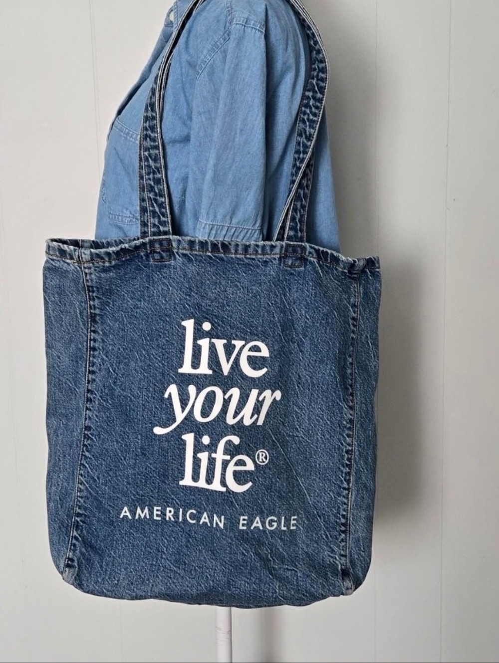 American Eagle Outfitters Denim Blue Tote Bag with White Script